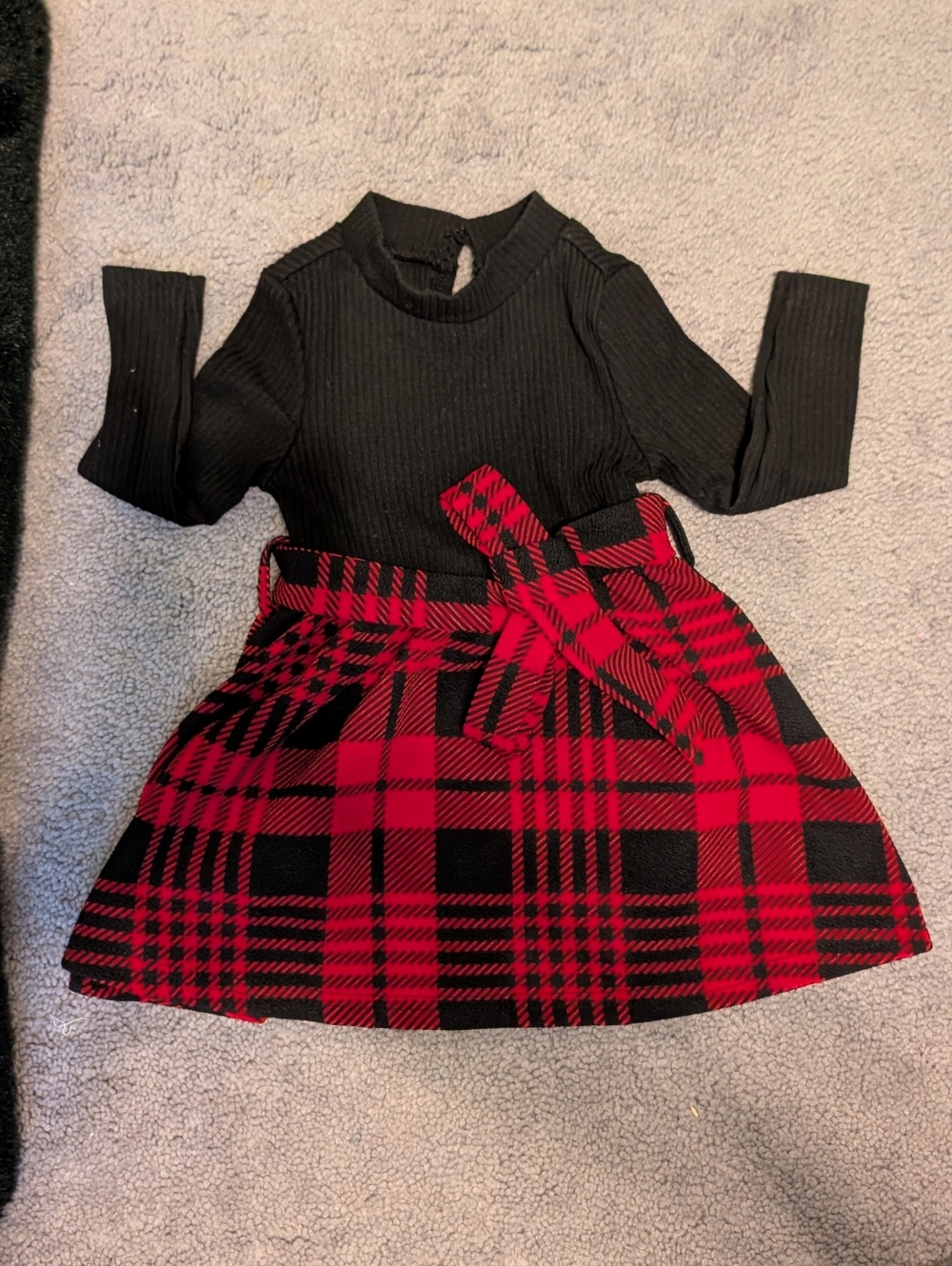 SHEIN Baby Black Ribbed Top with Red Plaid Skirt Dress